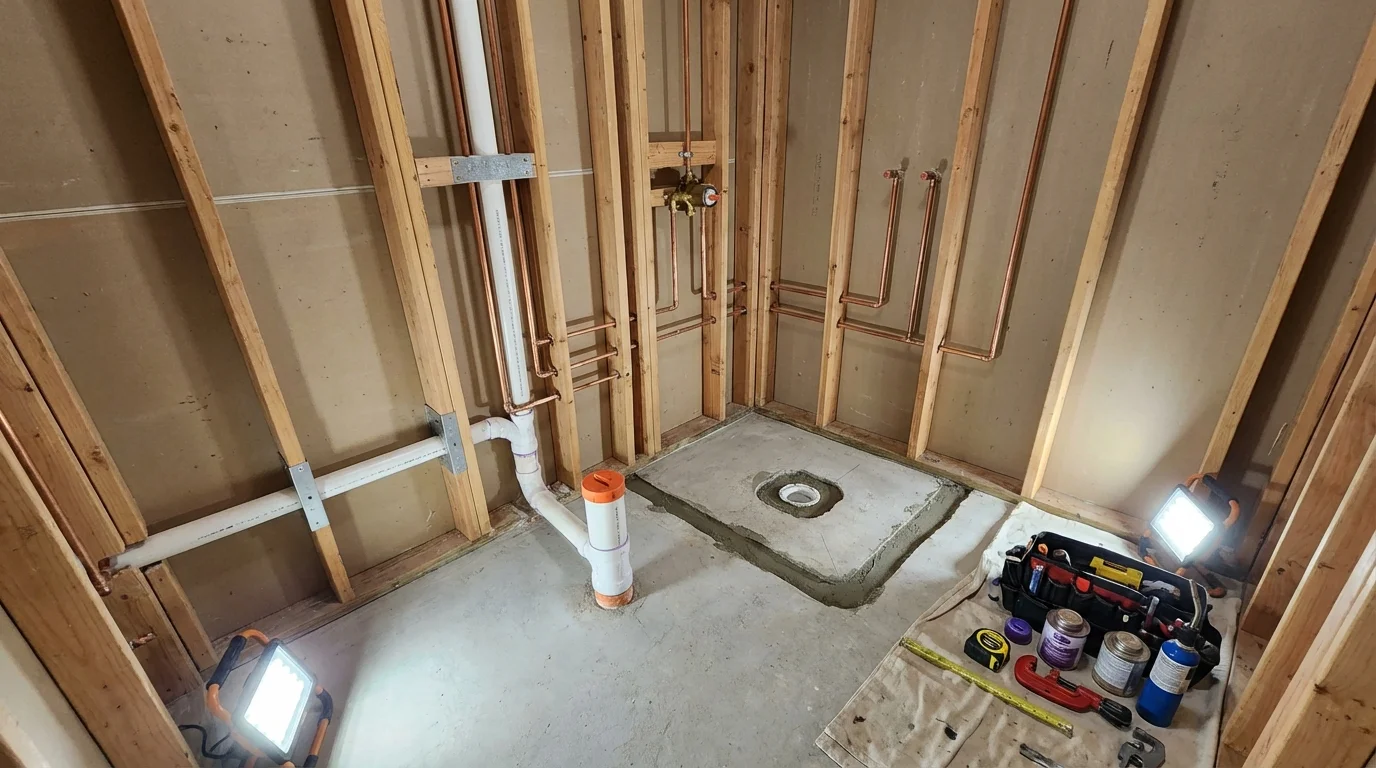 Bathroom rough-in plumbing during remodel by Johns Plumbing LLC in Oceano
