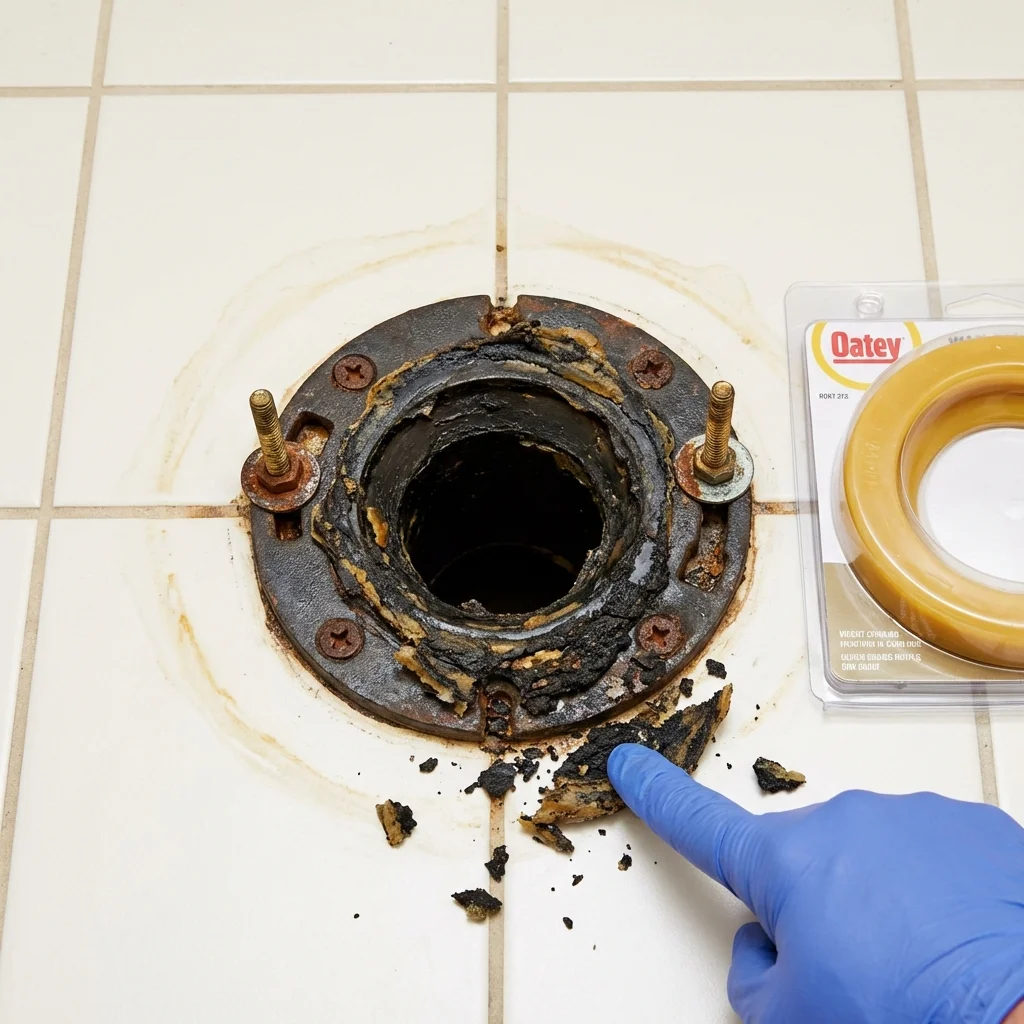 Failed wax ring showing water seepage at the base of a toilet in a Oceano, CA home