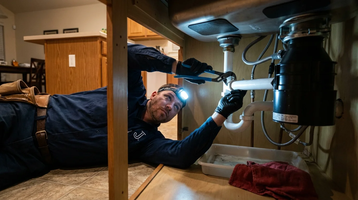 P-trap and supply line connections under a kitchen sink showing a common leak point in Oceano, CA